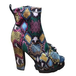Liliana Neon Snake Print Platform Peep-Toe Booties Black Pink Yellow Size 6.5